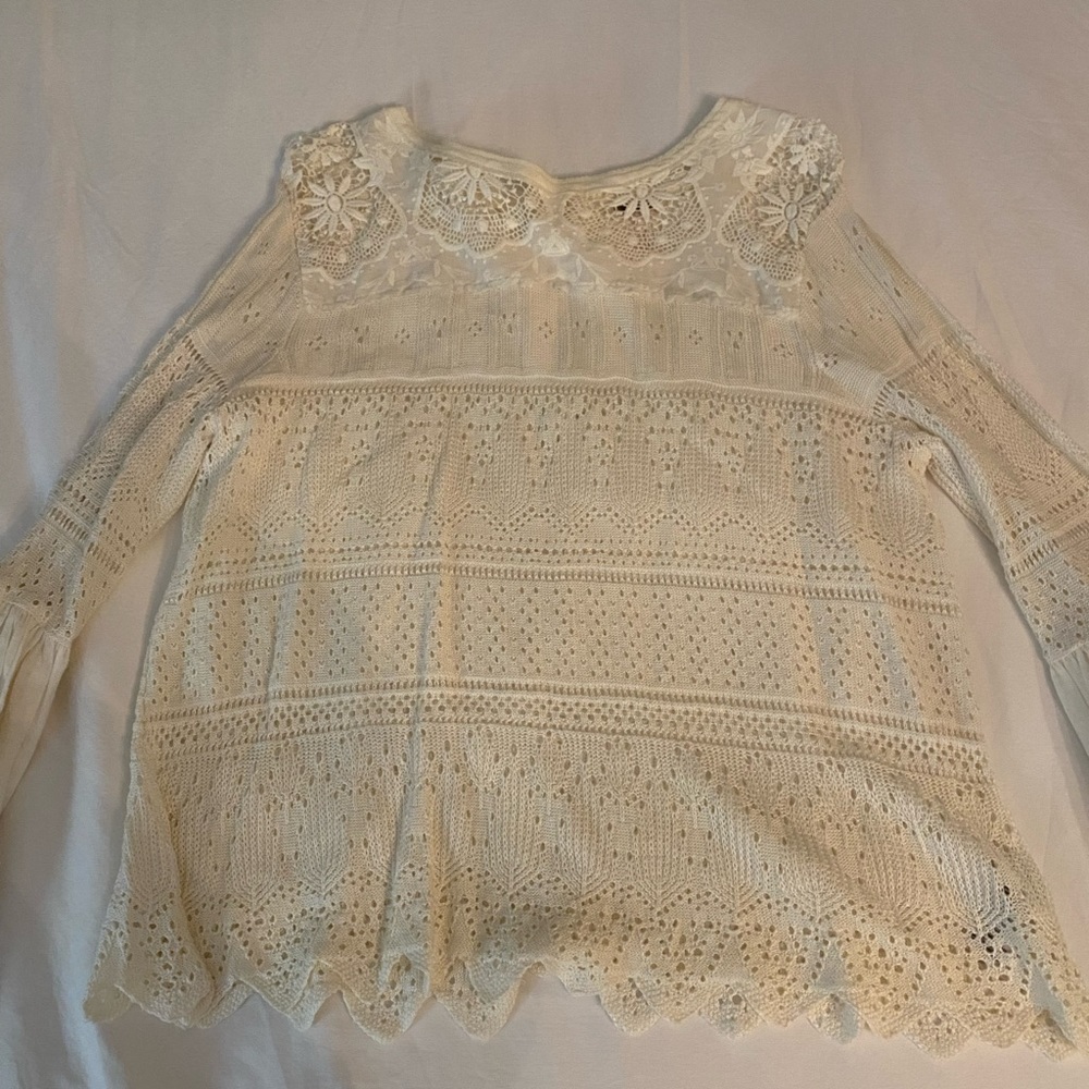 Free People Long Sleeve Crochet/Lace Top (Cream/Off-white, Size Medium)
